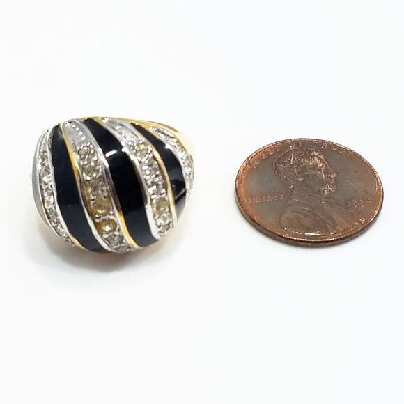 Vintage Cocktail 18 KHGE Ring, Black Enamel, Clear Rhinestones, Size 5, 1990s - Picture 10 of 10